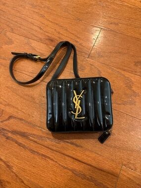 Yves Saint Laurent Black Patent Quilted Camera Bag with Gold Logo